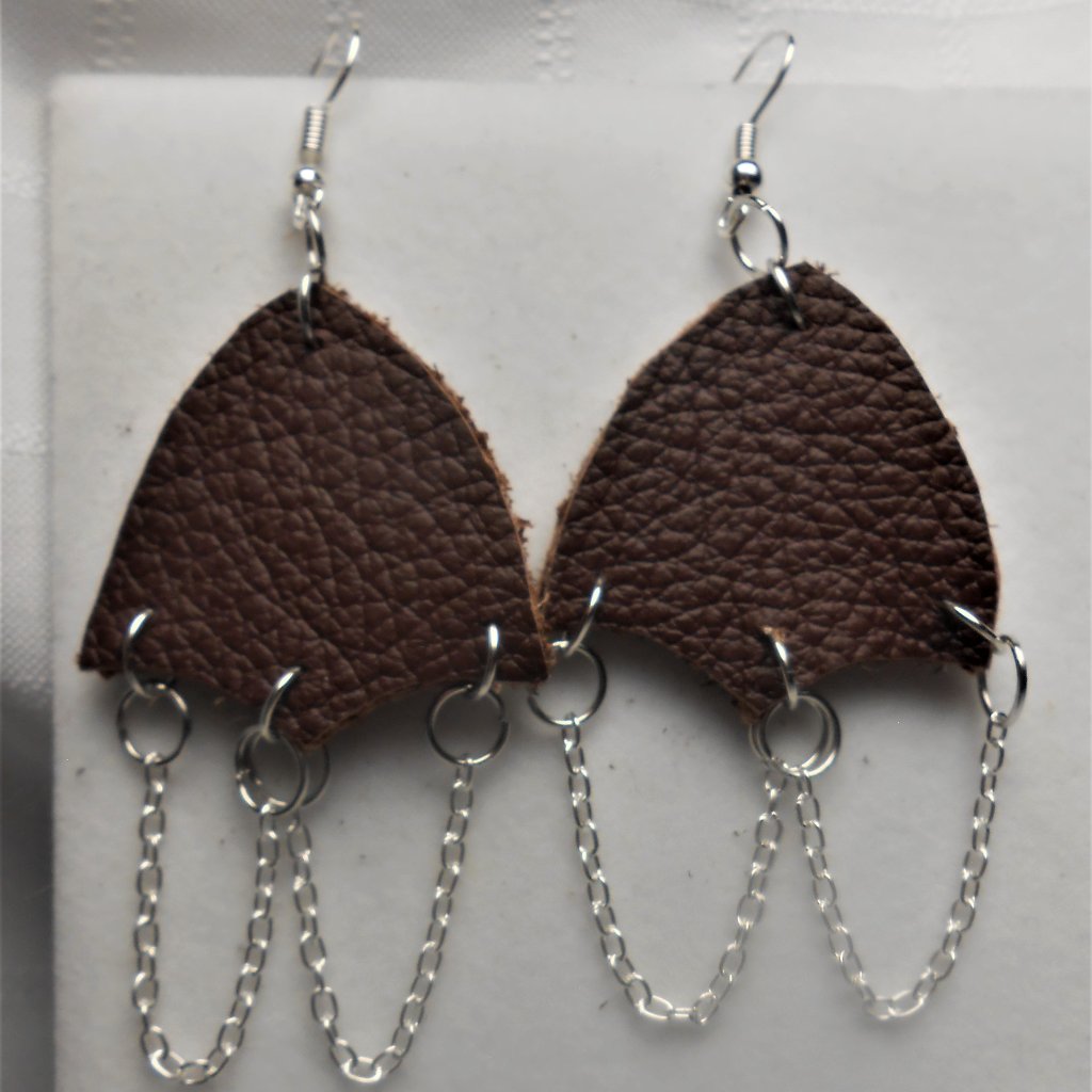No.1132 Handmade Earrings With Leather Pieces 2 1/2 Inches Long
